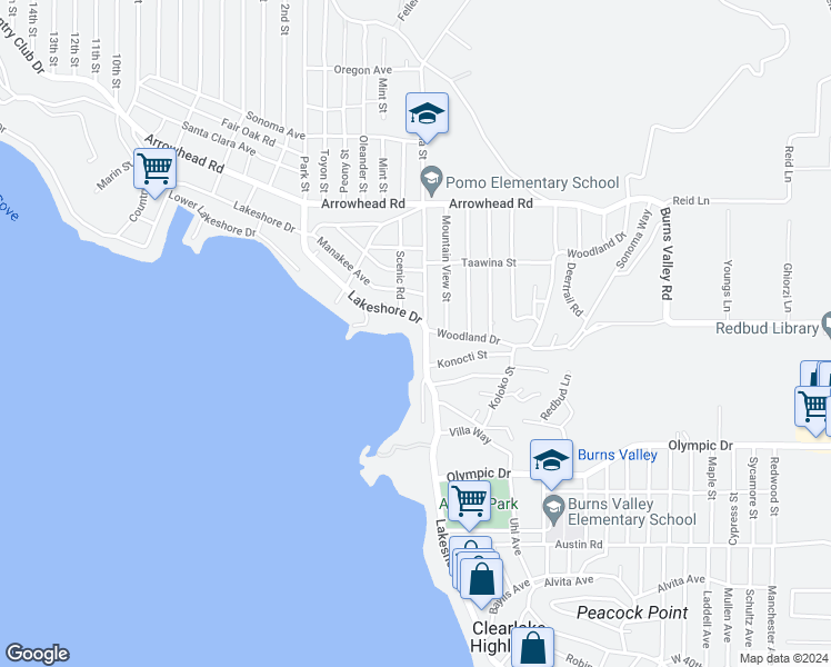 map of restaurants, bars, coffee shops, grocery stores, and more near 13949 Lakeshore Drive in Clearlake