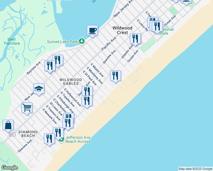 map of restaurants, bars, coffee shops, grocery stores, and more near 8003 Atlantic Avenue in Wildwood Crest