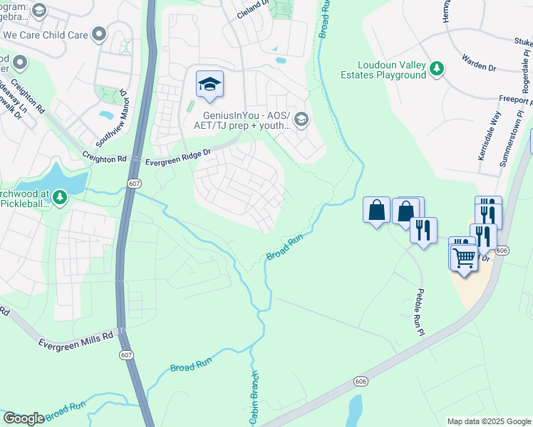 map of restaurants, bars, coffee shops, grocery stores, and more near 23590 Waterford Downs Terrace in Ashburn