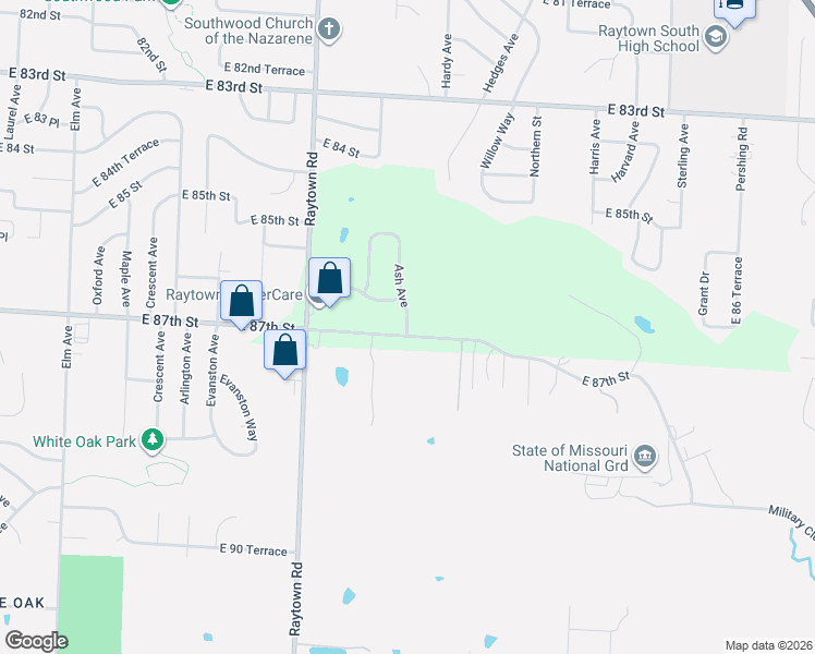 map of restaurants, bars, coffee shops, grocery stores, and more near 8621 Ash Avenue in Raytown