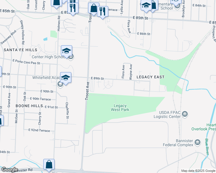 map of restaurants, bars, coffee shops, grocery stores, and more near 1325 East 89th Street in Kansas City