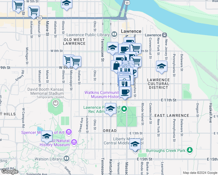 map of restaurants, bars, coffee shops, grocery stores, and more near in Lawrence