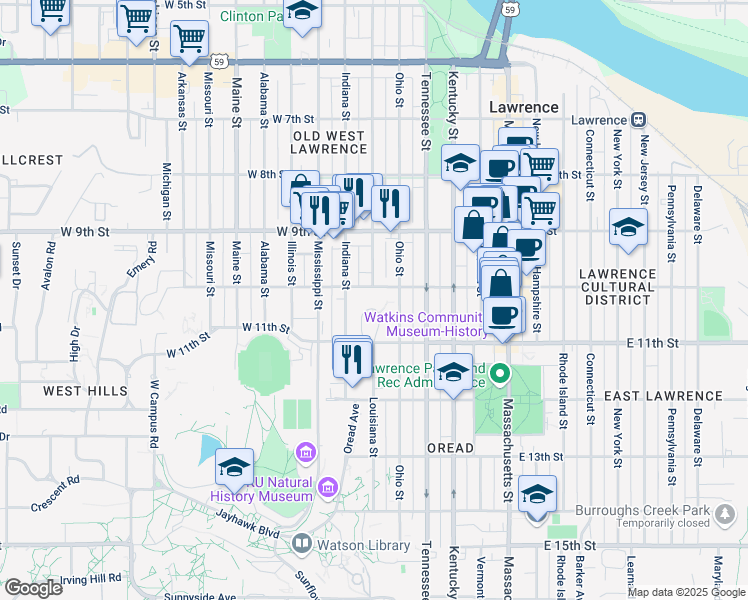map of restaurants, bars, coffee shops, grocery stores, and more near 945 Ohio Street in Lawrence