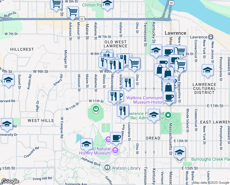 map of restaurants, bars, coffee shops, grocery stores, and more near 1000 Mississippi Street in Lawrence