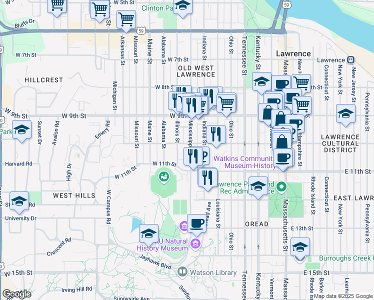 map of restaurants, bars, coffee shops, grocery stores, and more near 1000 Mississippi Street in Lawrence