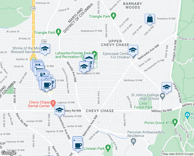 map of restaurants, bars, coffee shops, grocery stores, and more near 5604 33rd Street Northwest in Washington