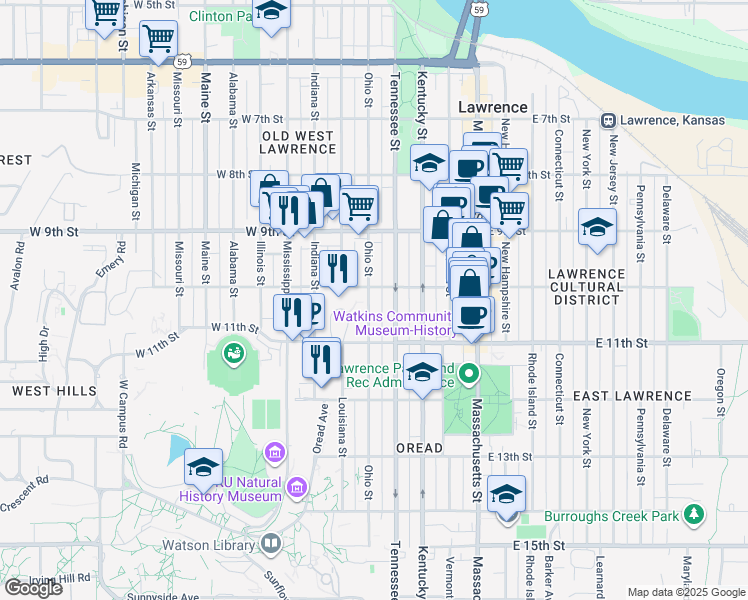 map of restaurants, bars, coffee shops, grocery stores, and more near 1008 Ohio Street in Lawrence