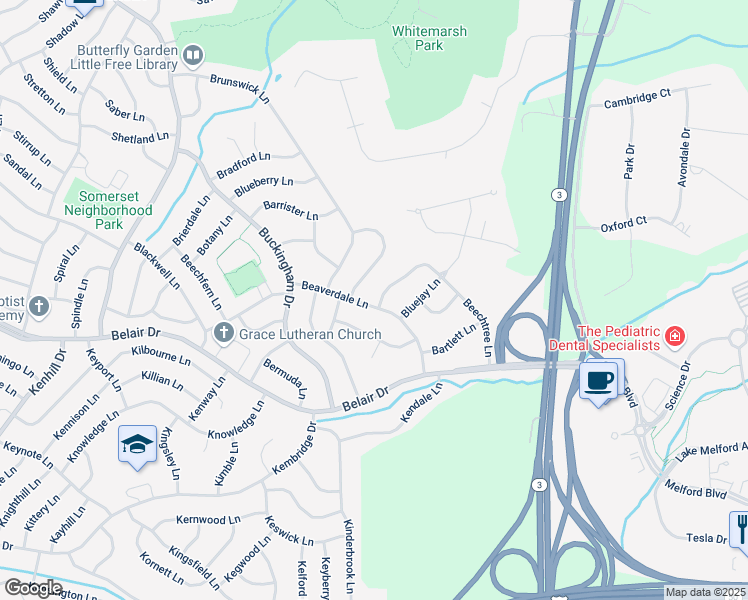 map of restaurants, bars, coffee shops, grocery stores, and more near 12804 Beaverdale Lane in Bowie