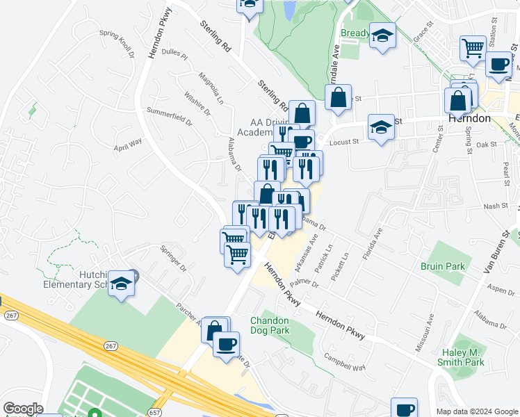 map of restaurants, bars, coffee shops, grocery stores, and more near 1155 Cypress Tree Place in Herndon