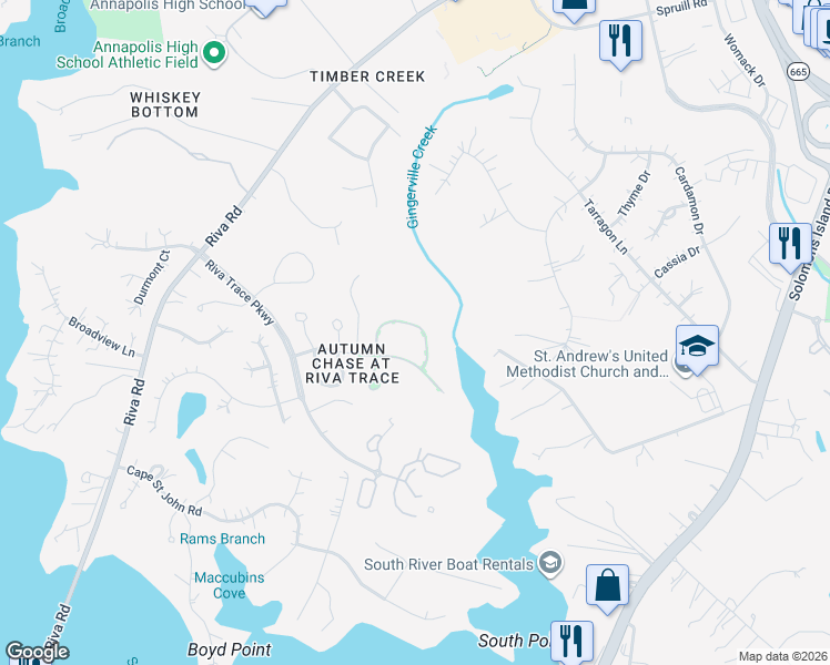 map of restaurants, bars, coffee shops, grocery stores, and more near 2733 Gingerview Lane in Annapolis
