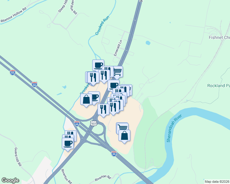 map of restaurants, bars, coffee shops, grocery stores, and more near 145 Riverton Commons Drive in Front Royal