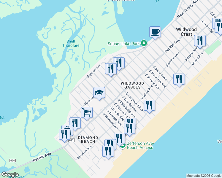 map of restaurants, bars, coffee shops, grocery stores, and more near 111 East Topeka Avenue in Wildwood Crest