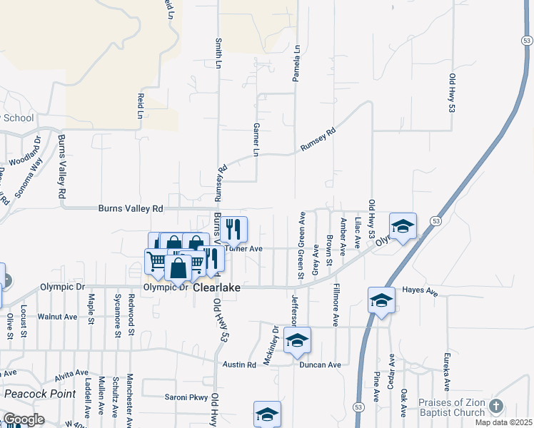 map of restaurants, bars, coffee shops, grocery stores, and more near 3258 Emerson Street in Clearlake