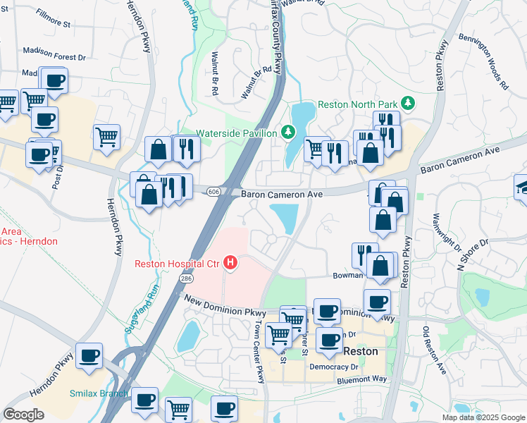 map of restaurants, bars, coffee shops, grocery stores, and more near 1712 Lake Shore Crest Drive in Reston