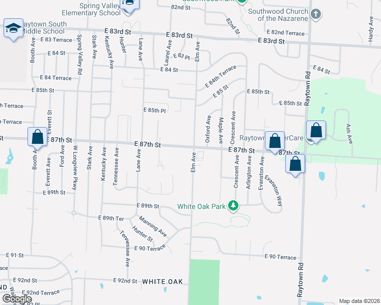 map of restaurants, bars, coffee shops, grocery stores, and more near 8619 Elm Avenue in Raytown