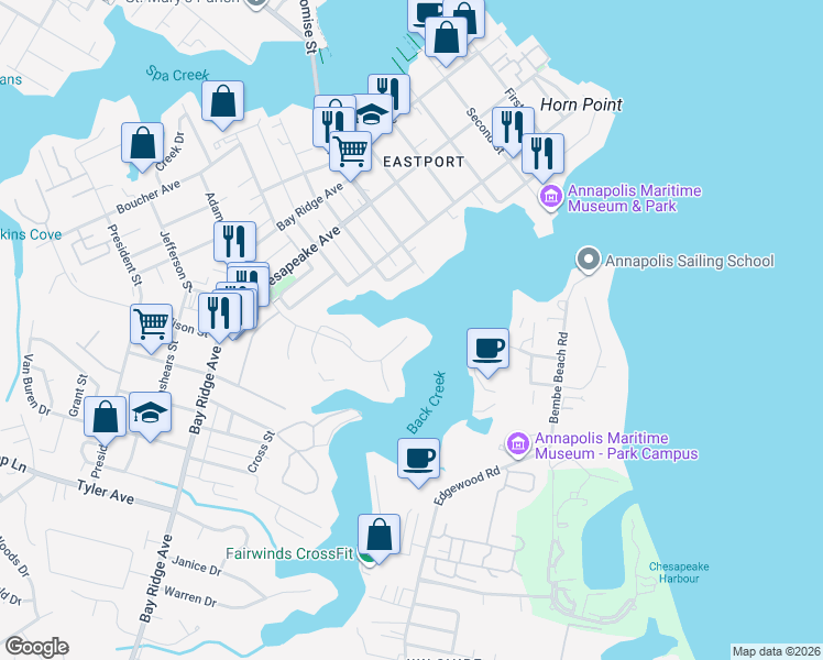 map of restaurants, bars, coffee shops, grocery stores, and more near 710 Americana Drive in Annapolis