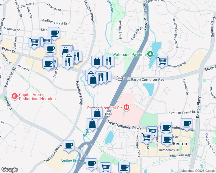 map of restaurants, bars, coffee shops, grocery stores, and more near 171 Elden Street in Herndon