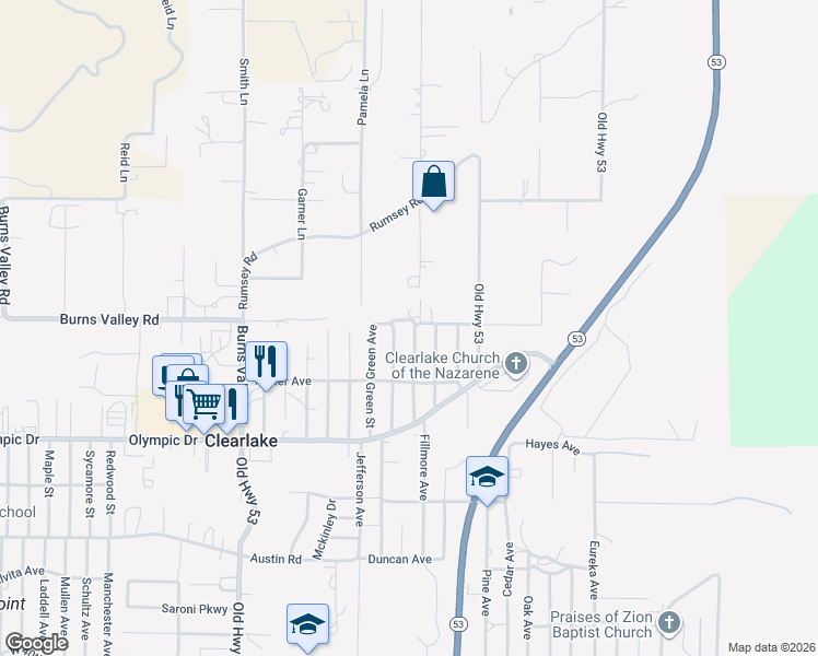 map of restaurants, bars, coffee shops, grocery stores, and more near 3259 Brown Street in Clearlake