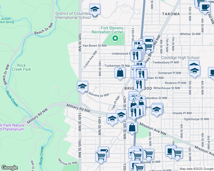 map of restaurants, bars, coffee shops, grocery stores, and more near 1372 Rittenhouse Street Northwest in Washington