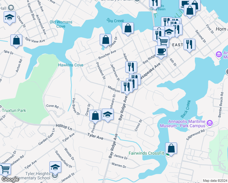 map of restaurants, bars, coffee shops, grocery stores, and more near 1001 Madison Street in Annapolis