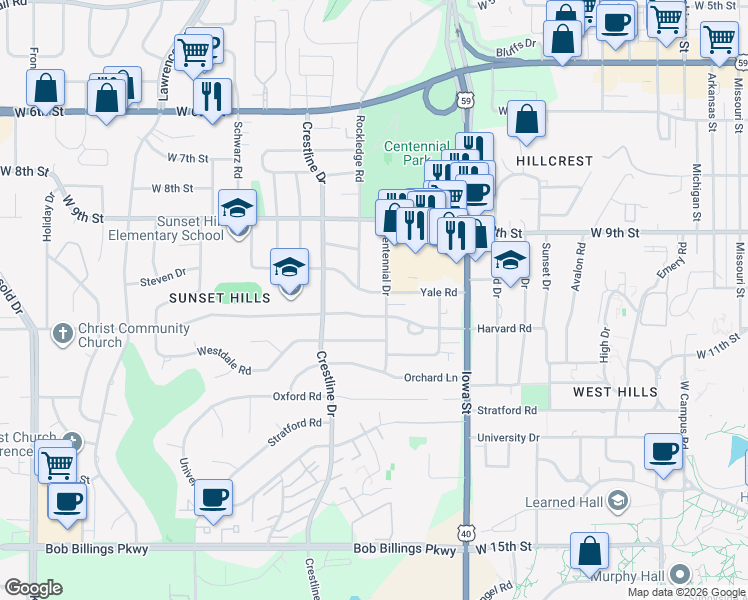 map of restaurants, bars, coffee shops, grocery stores, and more near 2419 Yale Road in Lawrence