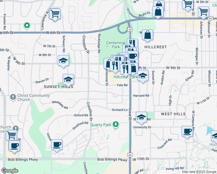 map of restaurants, bars, coffee shops, grocery stores, and more near 2325 Yale Road in Lawrence