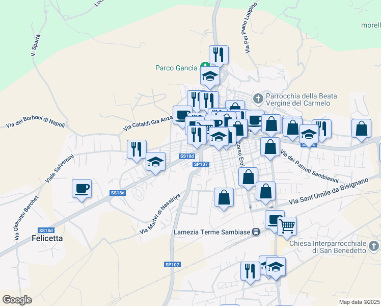 map of restaurants, bars, coffee shops, grocery stores, and more near 1 Viale Salvemini in Lamezia Terme