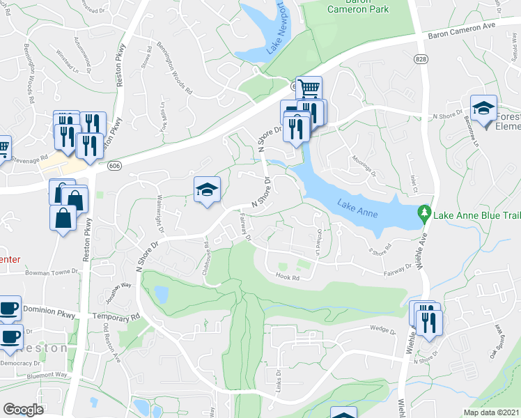 map of restaurants, bars, coffee shops, grocery stores, and more near 11518 Sunder Court in Reston