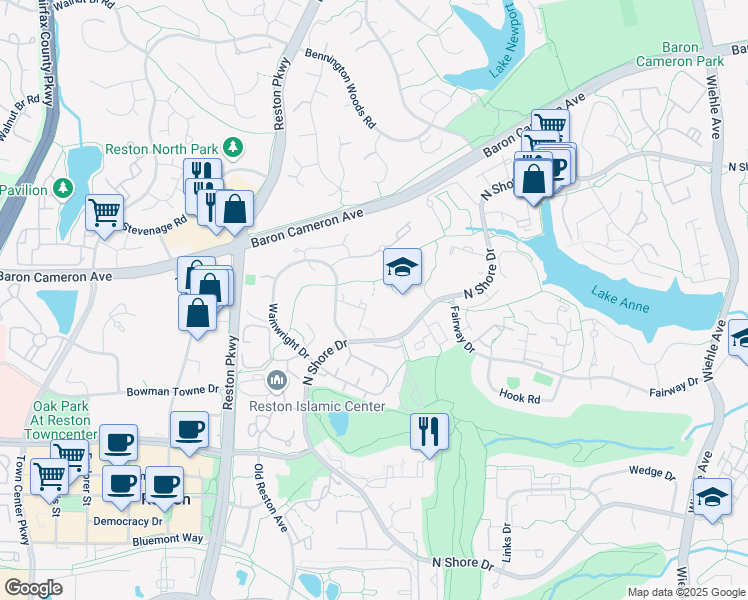map of restaurants, bars, coffee shops, grocery stores, and more near 1658 Wainwright Drive in Reston