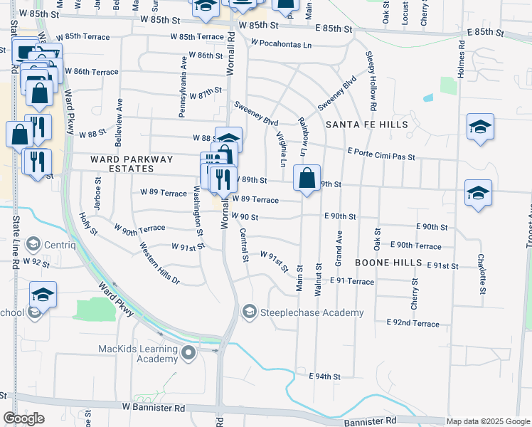 map of restaurants, bars, coffee shops, grocery stores, and more near 116 West 90 Street in Kansas City