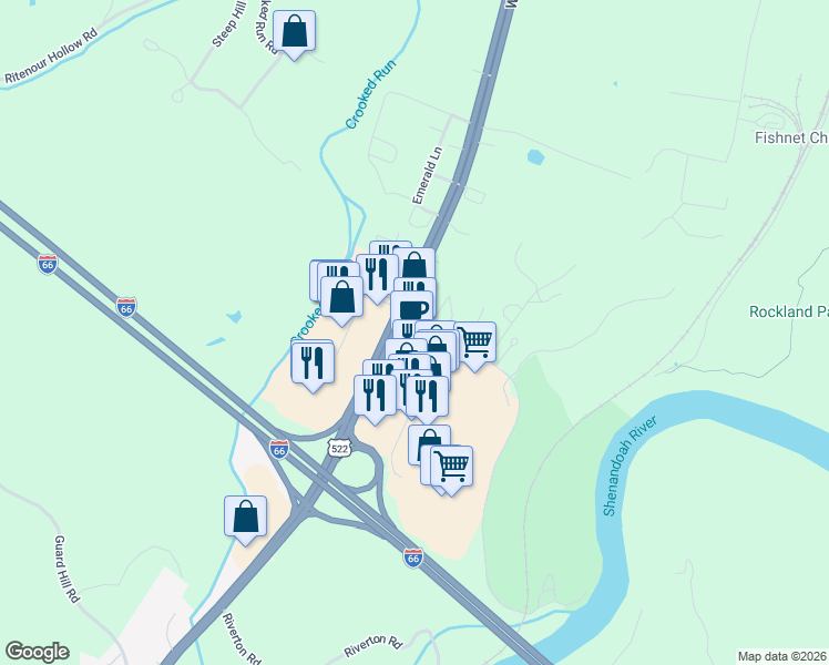 map of restaurants, bars, coffee shops, grocery stores, and more near 145 Riverton Commons Drive in Front Royal