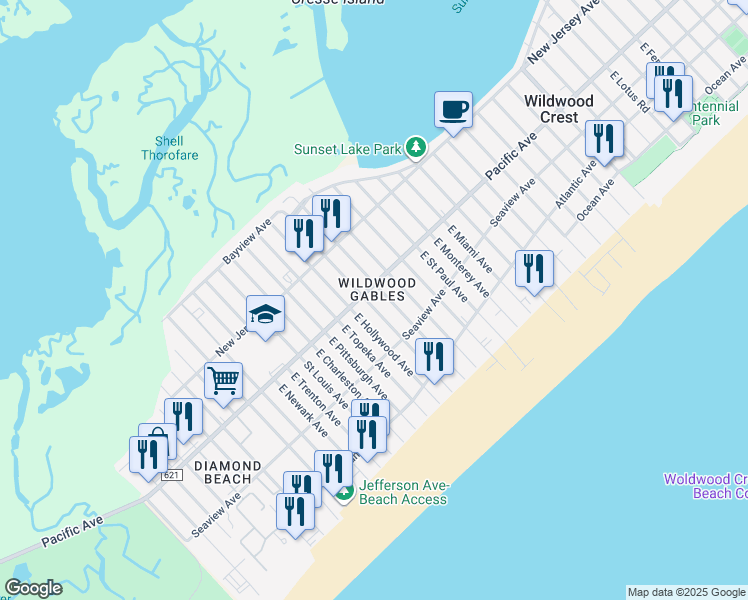map of restaurants, bars, coffee shops, grocery stores, and more near 205 East Syracuse Avenue in Wildwood Crest