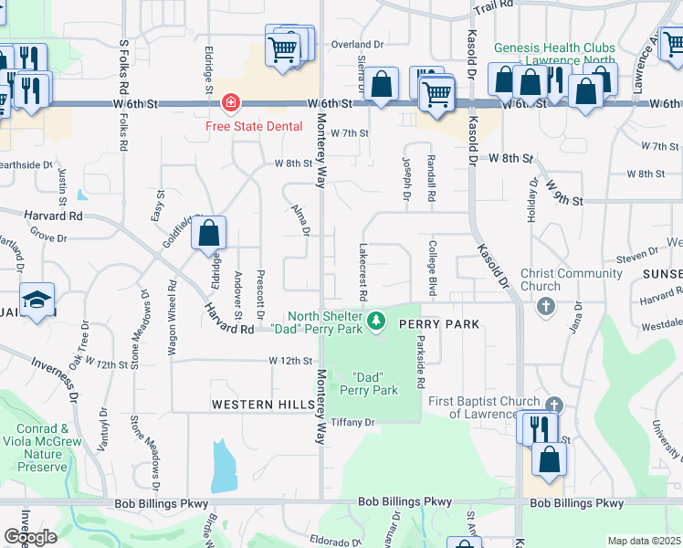 map of restaurants, bars, coffee shops, grocery stores, and more near 1000 Monterey Way in Lawrence