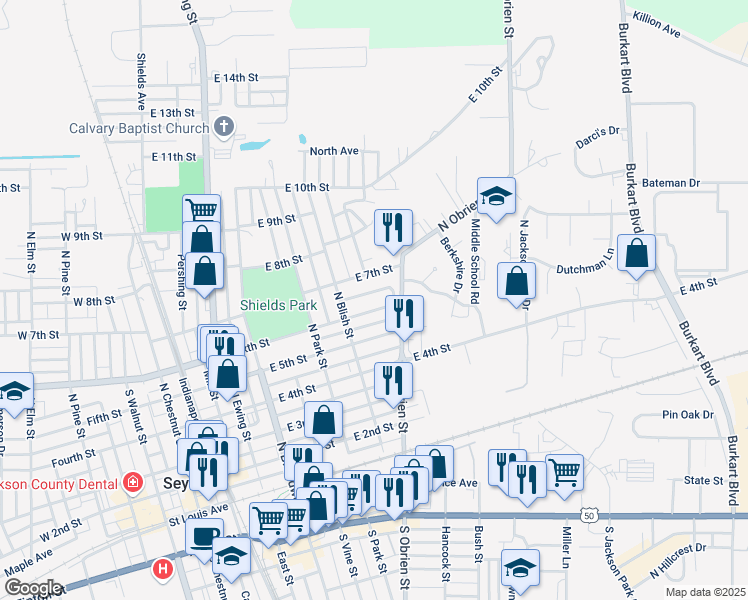 map of restaurants, bars, coffee shops, grocery stores, and more near 631 E 6th St in Seymour