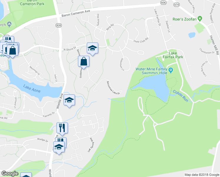map of restaurants, bars, coffee shops, grocery stores, and more near 11021 Becontree Lake Drive in Reston