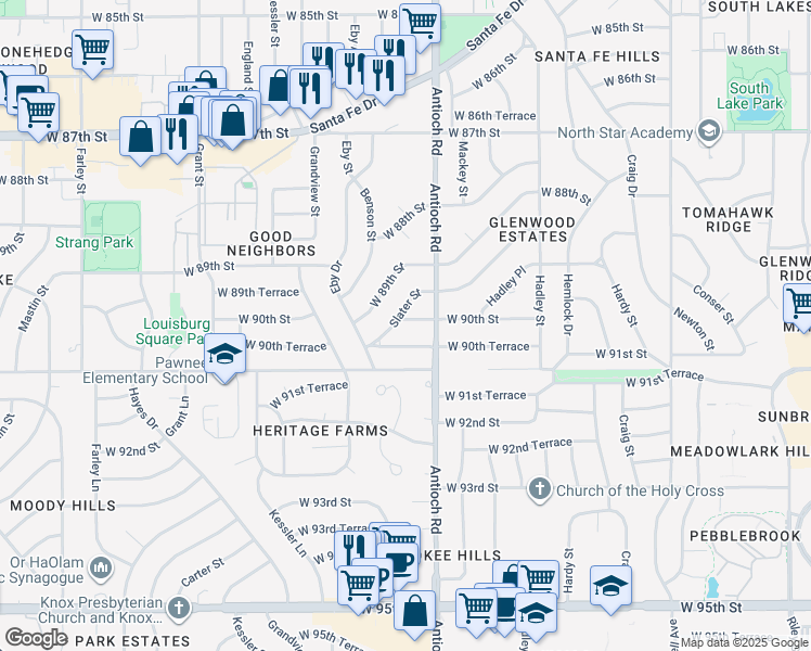 map of restaurants, bars, coffee shops, grocery stores, and more near 8801 West 90th Street in Overland Park