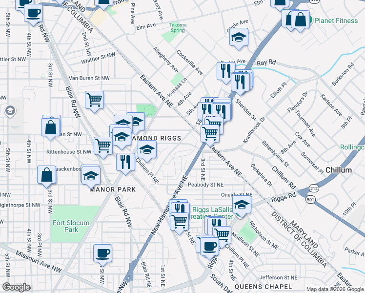 map of restaurants, bars, coffee shops, grocery stores, and more near 101 Independence Avenue Southeast in Washington