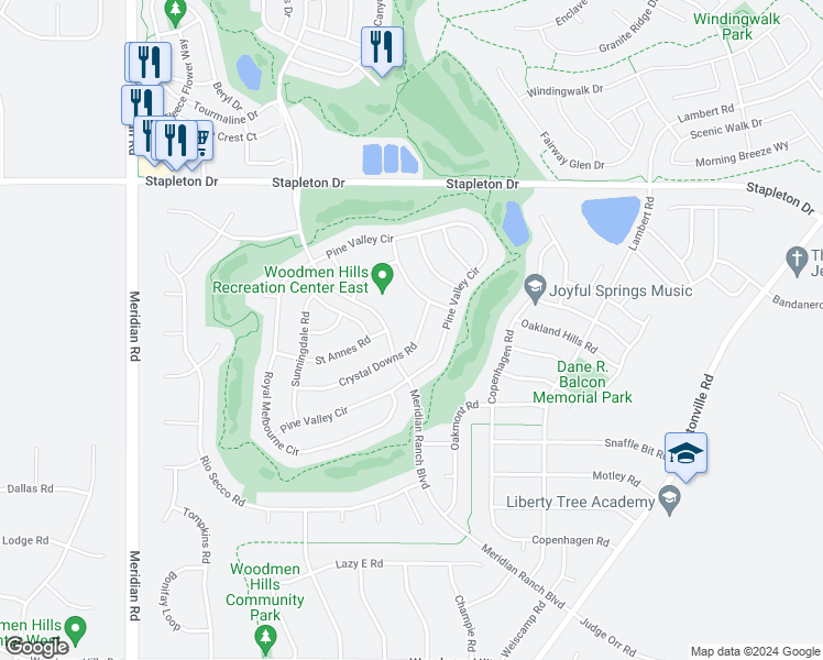 map of restaurants, bars, coffee shops, grocery stores, and more near 12322 Crystal Downs Road in Peyton