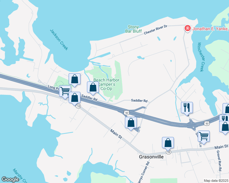 map of restaurants, bars, coffee shops, grocery stores, and more near Beach Harbor Road in Grasonville