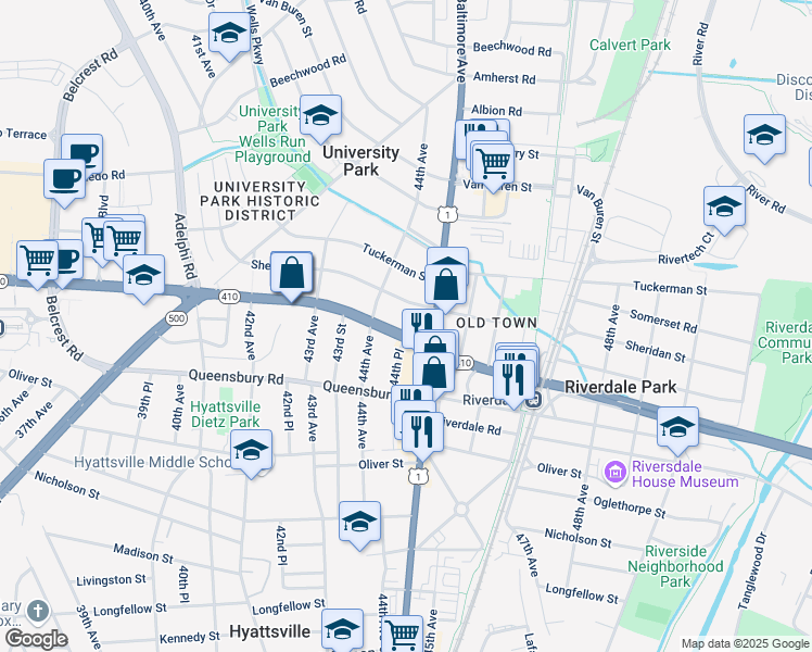 map of restaurants, bars, coffee shops, grocery stores, and more near in Hyattsville