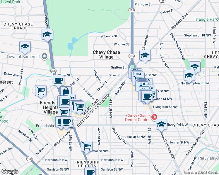 map of restaurants, bars, coffee shops, grocery stores, and more near 5600 Western Avenue in Chevy Chase