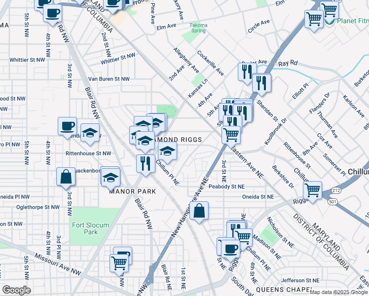 map of restaurants, bars, coffee shops, grocery stores, and more near 103 Rittenhouse Street Northeast in Washington