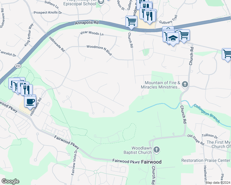 map of restaurants, bars, coffee shops, grocery stores, and more near 5504 Willow Grove Court in Bowie