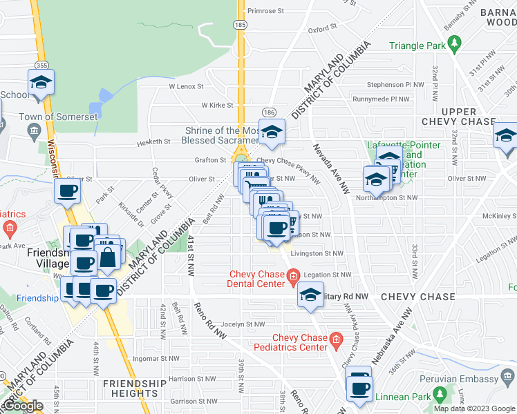 map of restaurants, bars, coffee shops, grocery stores, and more near 5612 Connecticut Avenue Northwest in Washington