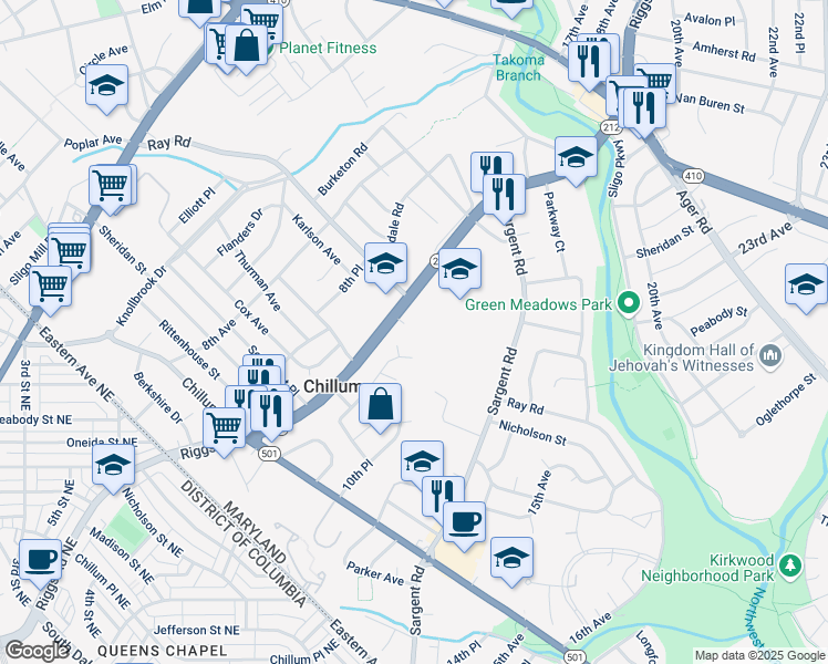 map of restaurants, bars, coffee shops, grocery stores, and more near 6121 Riggs Road in Hyattsville