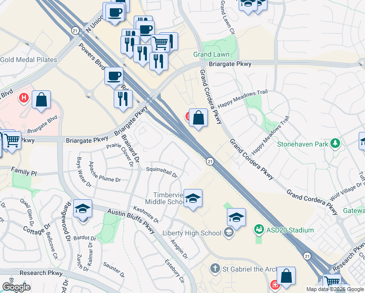 map of restaurants, bars, coffee shops, grocery stores, and more near 9352 Wolf Pack Terrace in Colorado Springs