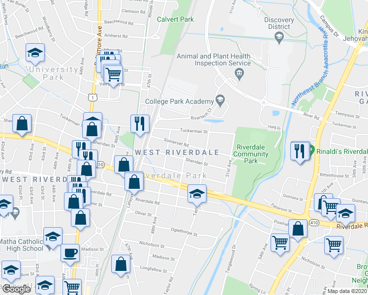map of restaurants, bars, coffee shops, grocery stores, and more near 4813 Somerset Road in Riverdale Park
