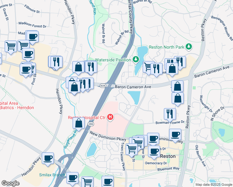 map of restaurants, bars, coffee shops, grocery stores, and more near 1704 Lake Shore Crest Drive in Reston