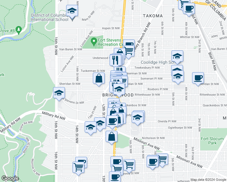 map of restaurants, bars, coffee shops, grocery stores, and more near 6209 12th Street Northwest in Washington