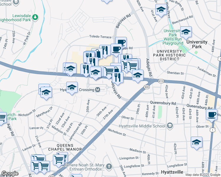map of restaurants, bars, coffee shops, grocery stores, and more near 3011 Belcrest Center Drive in Hyattsville